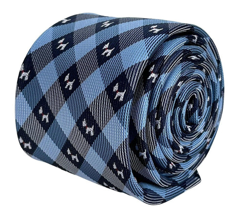 light blue  and dark navy blue plaid gingham style tie with Scottie dog Scottish Terrier design